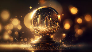 AI generated image of a glass ball with tall buildings and gold sparkles
