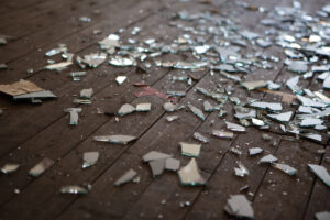 shattered glass on floor